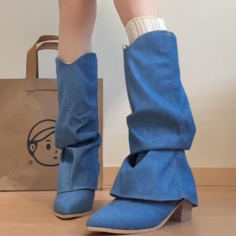 Fashion Vintage Denim Women Western Cowboy Boots Fashion Thick Heel Knight Long Booties Autumn Winter Zapatos De Mujer