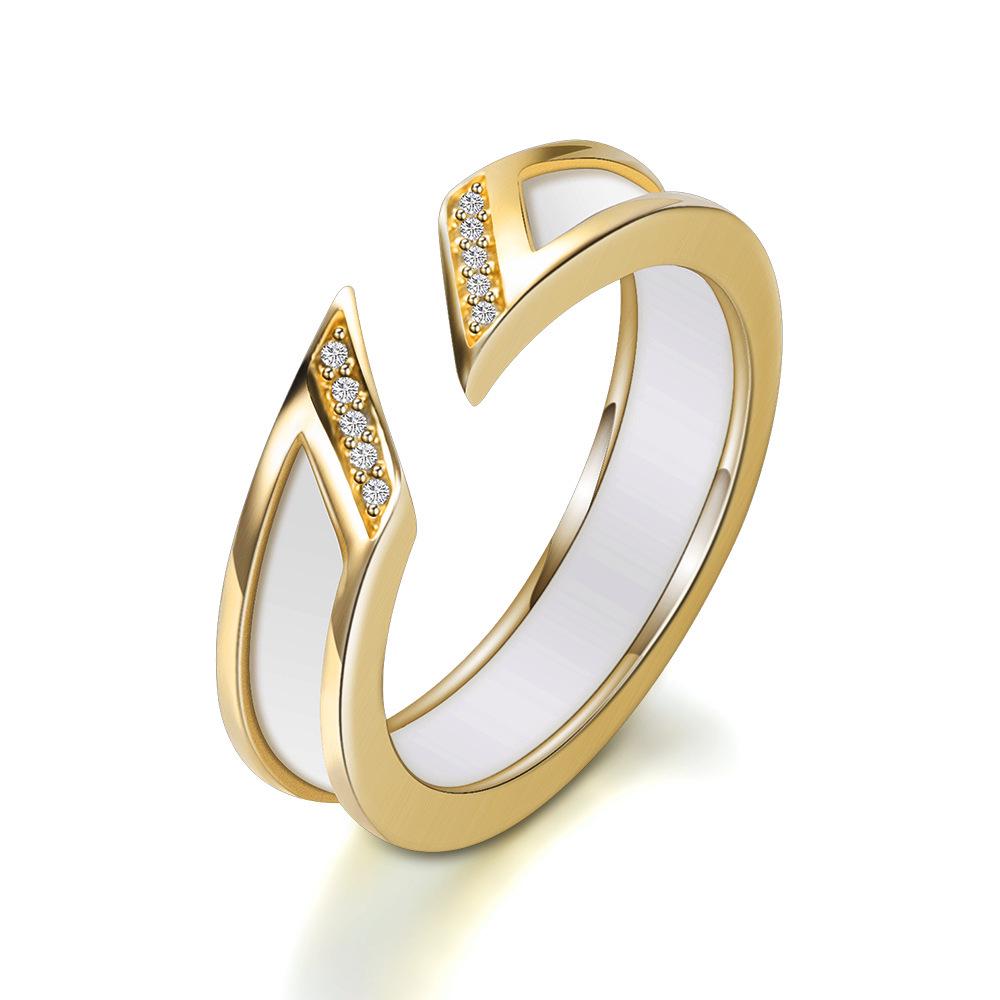 European and American Asymmetrical Ceramic Ring with Inlaid Diamonds, 5MM Open Round Single Row. Size 10