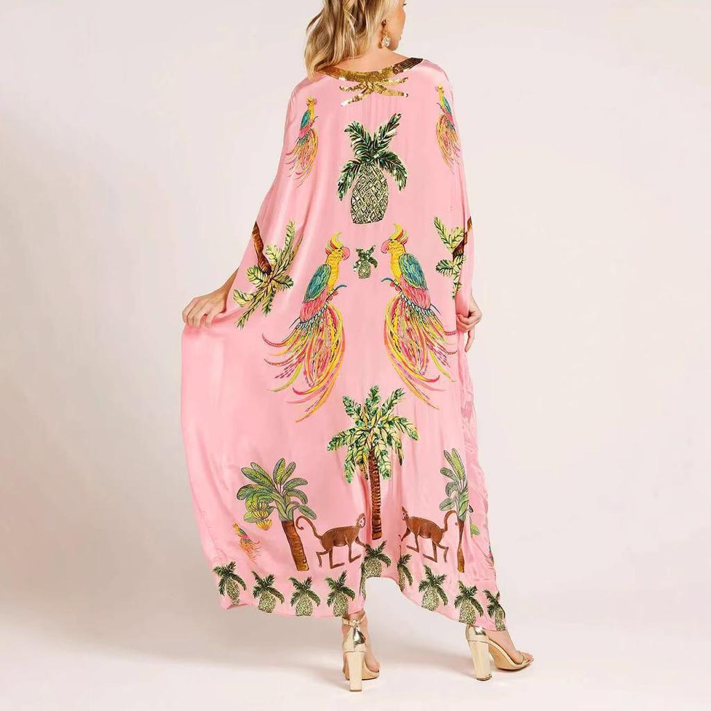 Women's Bat Sleeve V-neck Print Loose Long Classic Retro Dress Clothes Sale