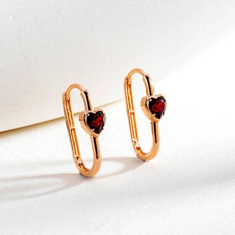 S925 Sterling Silver 18K Champagne Gold Heart Earrings with Garnet Red Cubic Zirconia for Women Platinum Pair