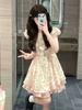 Small sweet little flying sleeves floral sleeveless dress women's summer bow waist fugitive princess tutu dress