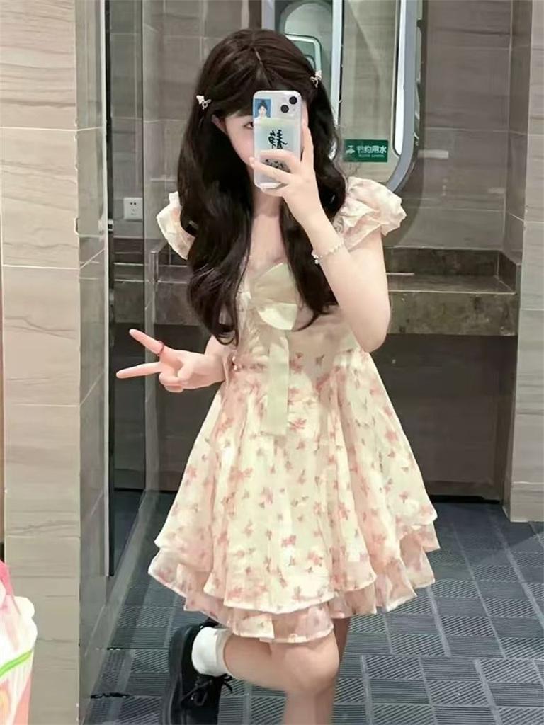 Small sweet little flying sleeves floral sleeveless dress women's summer bow waist fugitive princess tutu dress