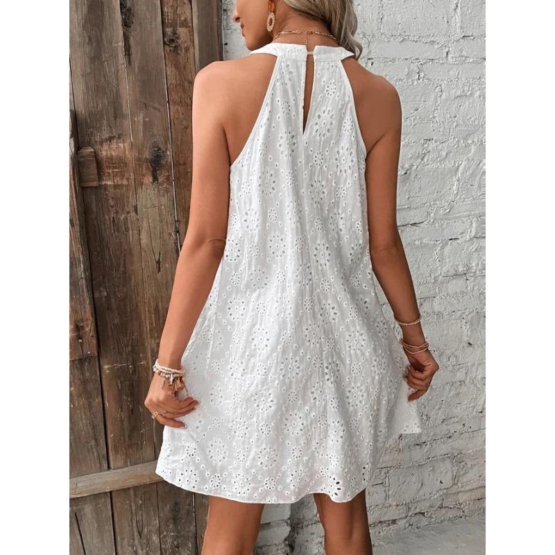 Women Solid Color Lace Button Halter Sleeveless Knee Length Summer Casual Dress