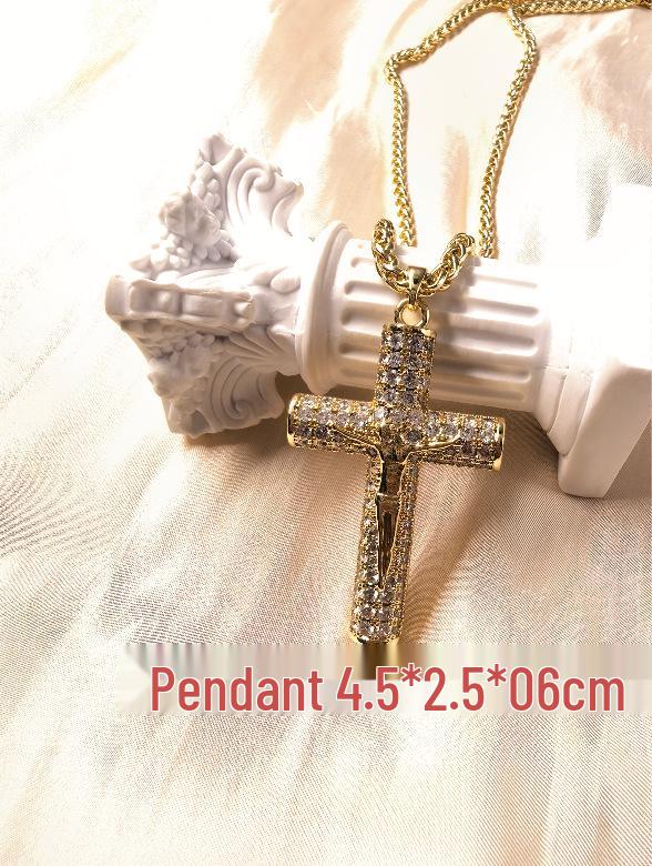 Trendige Kupfer-Inlay Zirkon Kreuz Anhänger Halskette – High-End Hip-Hop Porträt Design