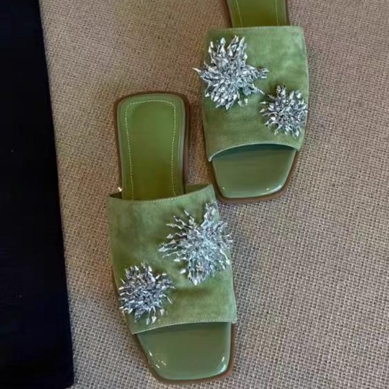 Summer Green Suede Women's Sandals Crystal Tassels Leather Black Fashion Slippers Trendy Outer Slip-on Flats Casual Women Shoes