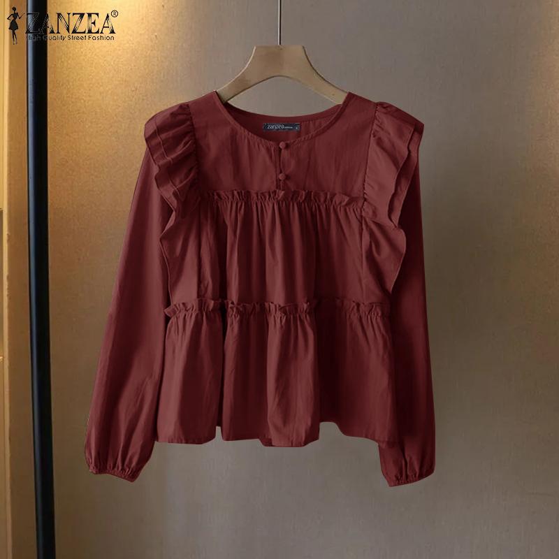 ZANZEA Women Casual O-neck Long Sleeve Loose Ruffles Blouse
