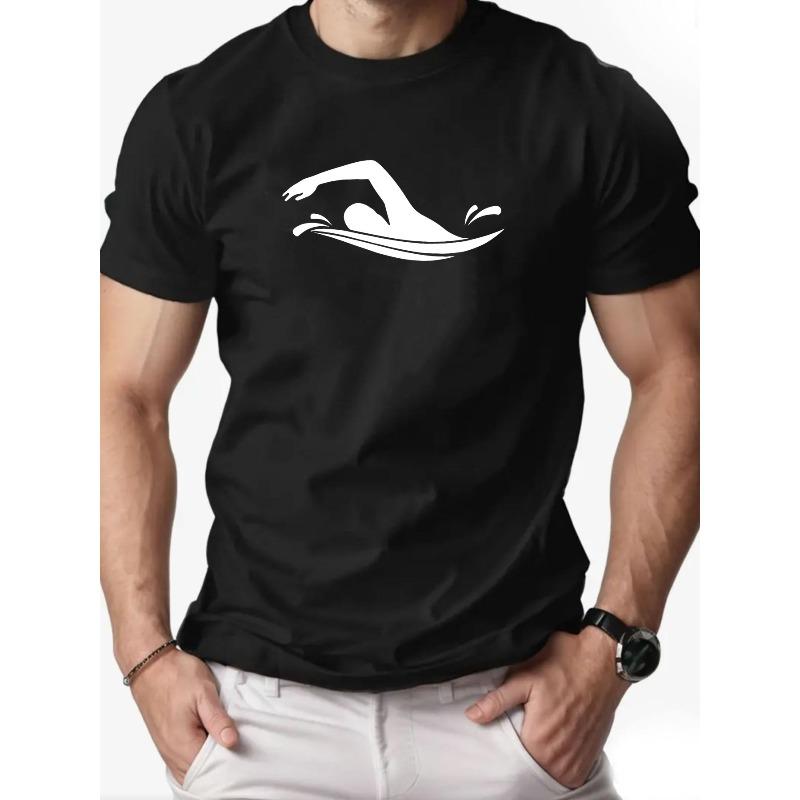 Men s Summer Casual Round Neck Short Sleeve T-Shirt with Swimming Pattern S чёрный
