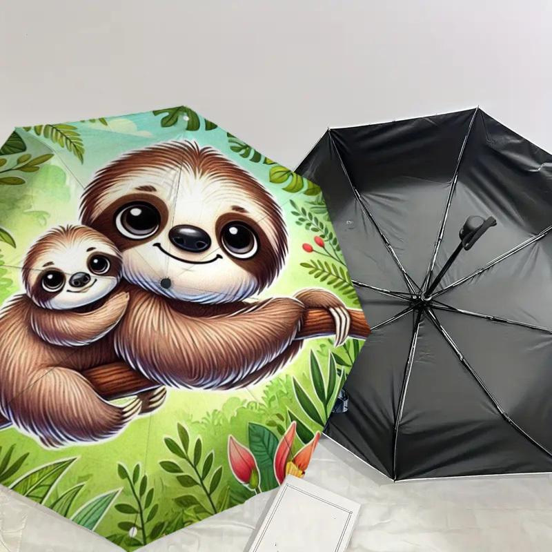 1pc Sloth Family in Tropical Forest Umbrella with Plastic Handle,Suitable for All Seasons Home Travel Outdoor UmbrellaDD1605
