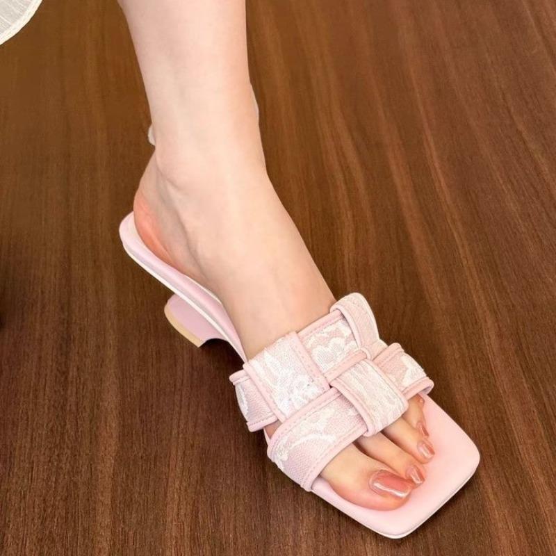 Fashion Fashion Summer Women Shoes New Style Handmade Square Open Toe High Heel Outdoor Fashion Slippers Apricot Off White Zapatos Mujer