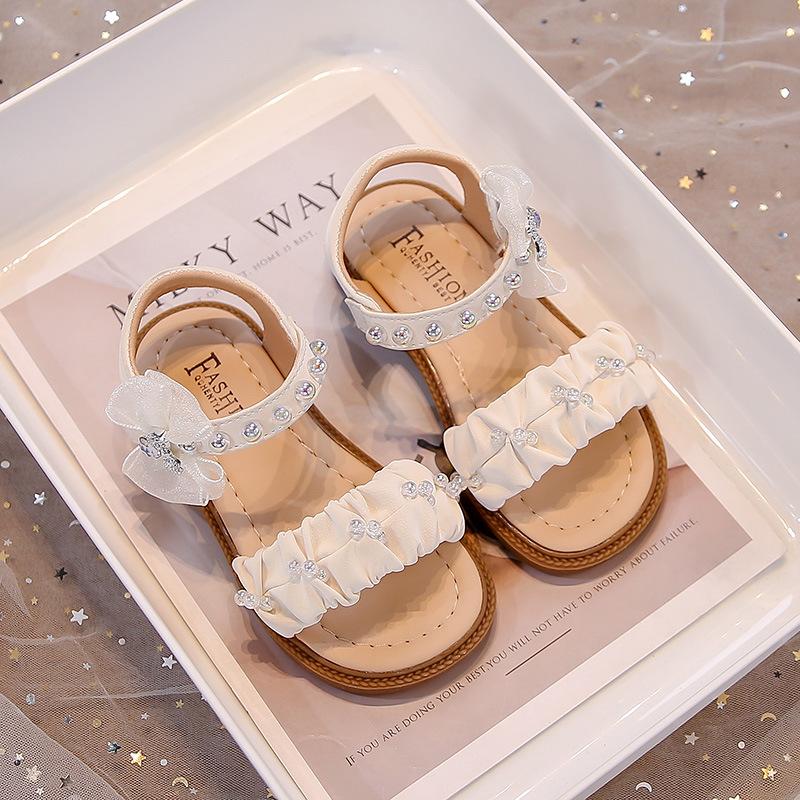 Girls Beach Shoes Pleated Sweet Kids Sandals Lace Bows Sweet Open Toes 2025 Summer New Children Casual Shoes Non-slip Soft Sole