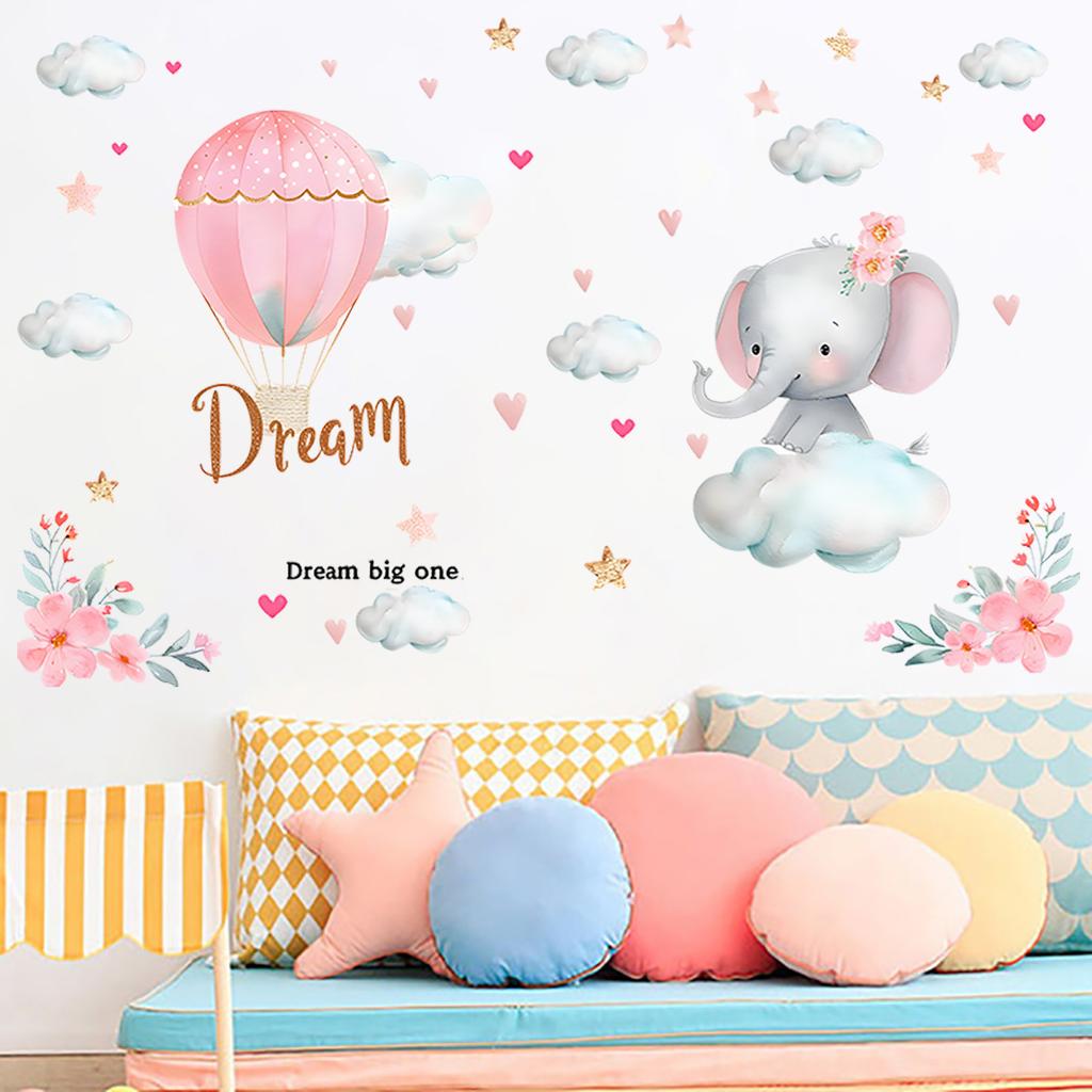 Cute Elephant Hot Air Balloon Clouds Wall Stickers Self-Adhesive for Kids Room Nursery Kindergarten Home Wall Decor