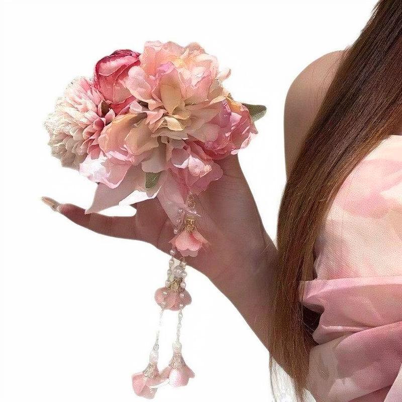 Elegant Pink Fairy Tassel Flower Hair Clip – Sweet Vacation Style Duckbill Accessory
