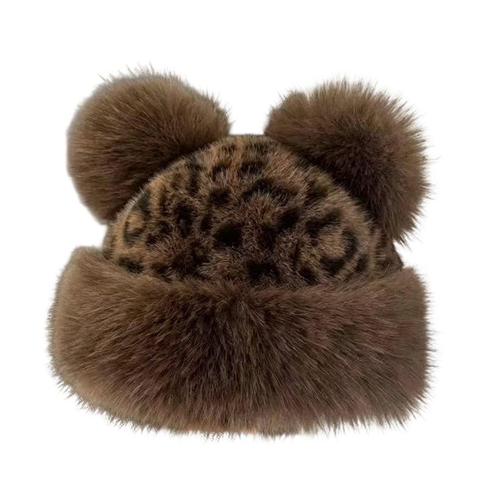 With Ear Lovely Women's Cap Leopard Print Warm Fluffy Faux Fur Bucket Hat Ear Protection Cap