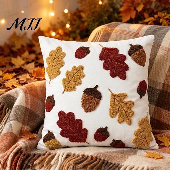 Skin Friendly Throw Pillow Shells Maple Leaf Cushion Cover, Fall Acorn Decorative Sofa Cover 18x18 Inches Farmhouse Case for Autumn Home Decor Covers