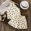 Girls' Fashionable Outfit - Summer Children's Casual Polka Dot Neckless Sleeveless Top and Shorts Set