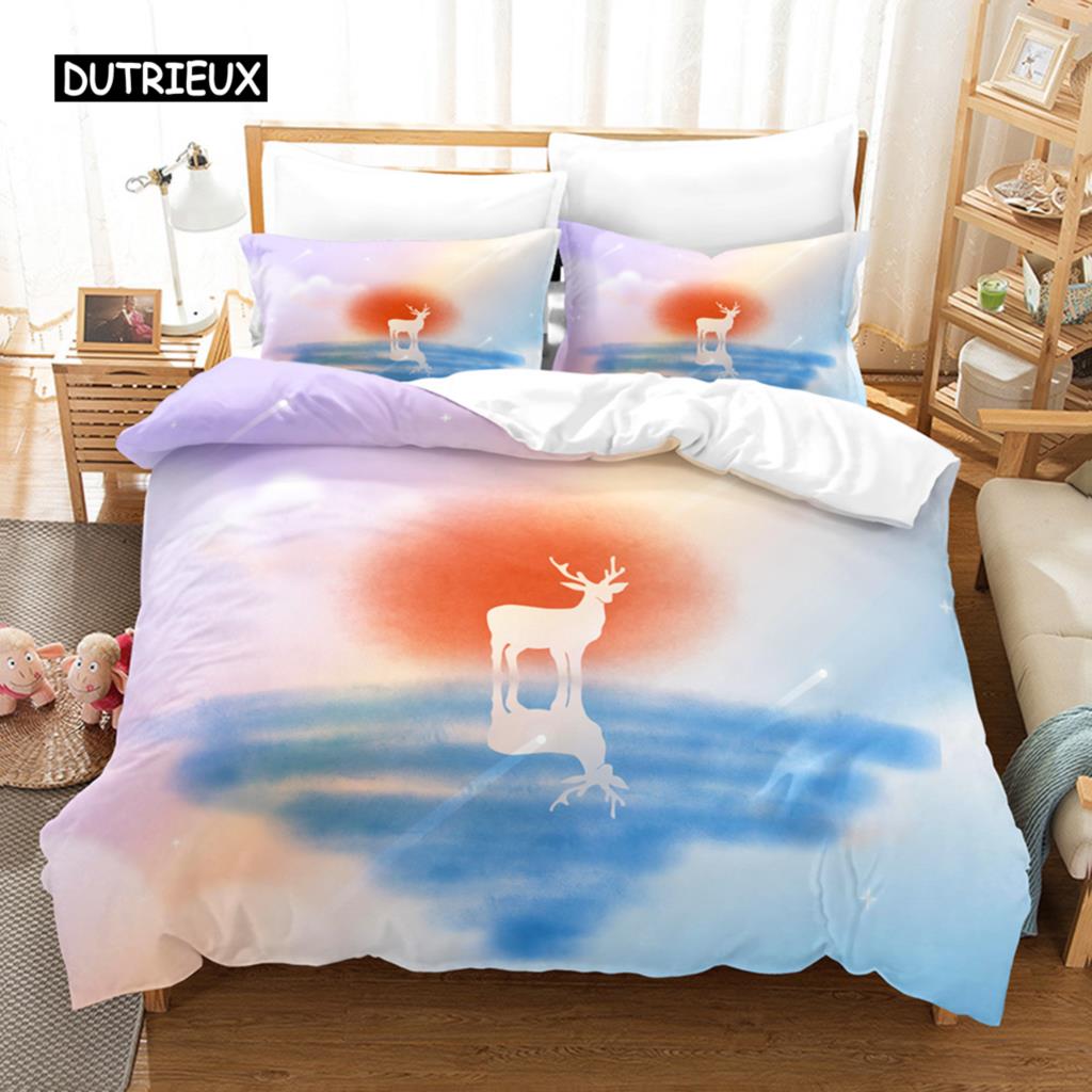 Deer Duvet Cover Set Wild Forest Animal Bedding Set Natural Bedclothes Kids Teens Double Queen King Size Polyester Quilt Cover