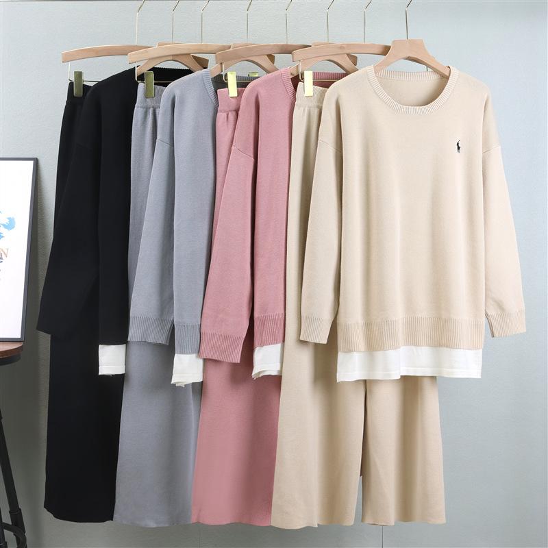 Autumn Women's Plus Size Fashion Casual Set Round Neck Loose Sweatshirt Wide Leg Pants Suit