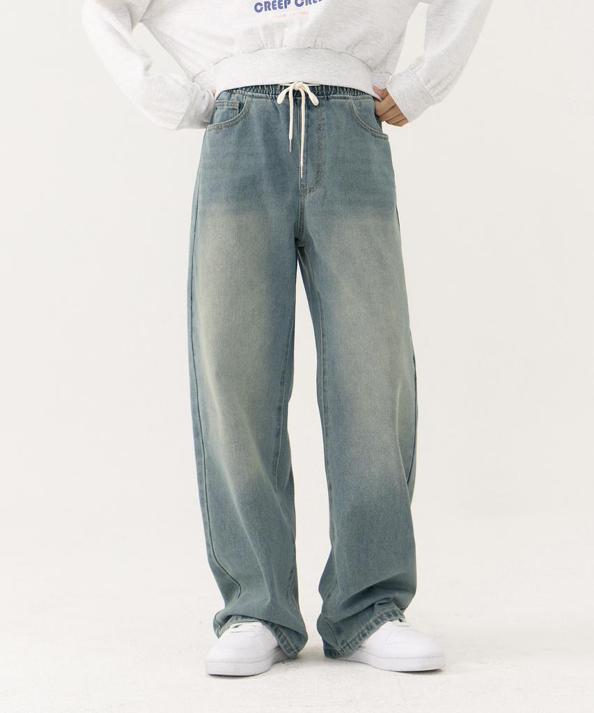 Akeusi Easy Fit Elastic Waist Wide Denim Pants Unisex (Light Blue)
