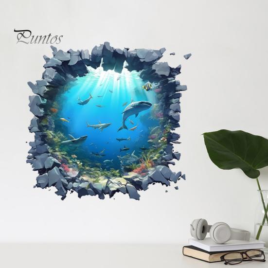 Easy Install Wall Art for Bedroom Underwater Shark Sticker, Realistic 3D Ocean View Decal, Waterproof Large Perspective Stickers PVC Mural Living Room