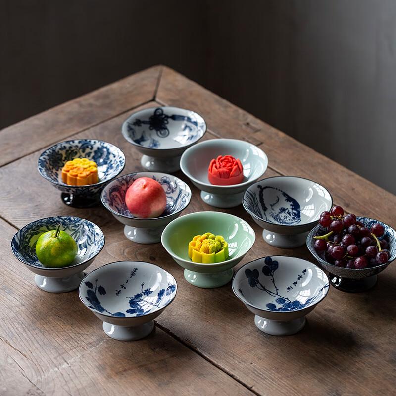 Zhishi Retro Blue and White Ceramic High-Footed Dessert Plate