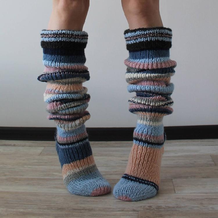Autumn Slouch Crochet Knitting Colorful Striped Thigh High Long Socks for Women