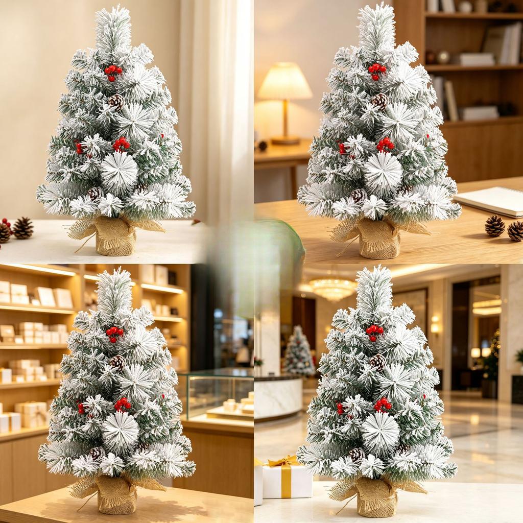 Snow Flocked Mini Tabletop Christmas Tree 45/60CM, Pine Needle PVC Mixed Xmas Tree with Pine Cones & Berries