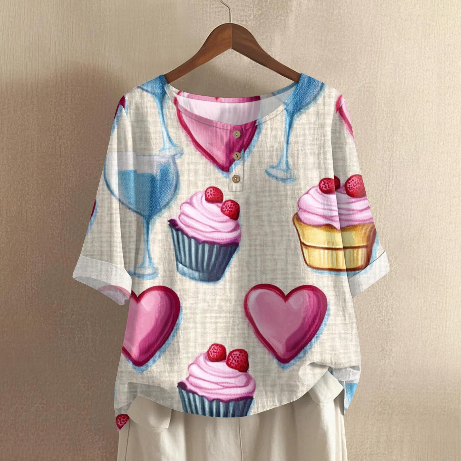 

Women s Casual And Comfortable Mid,Length Round,Neck Fashion Print Cotton,Linen Top M