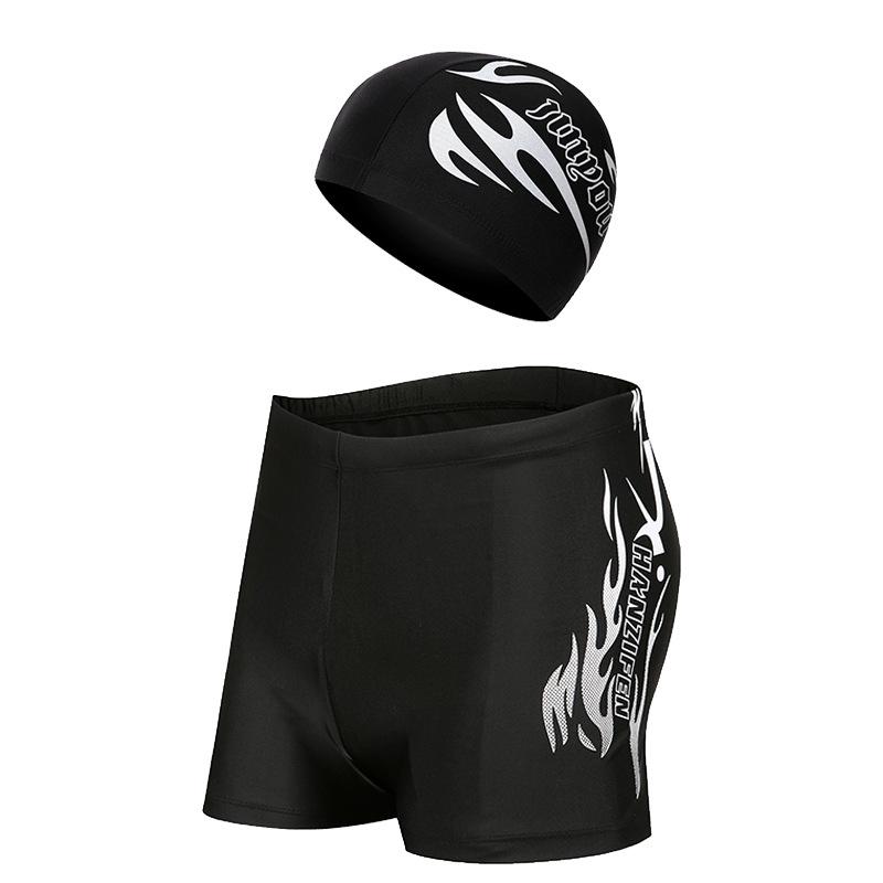 Men's Quick-Dry Square Leg Swim Trunks & Cap Set, Plus Size, Loose Fit, Anti-Embarrassment Polyester.