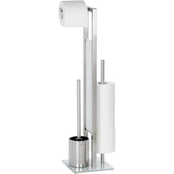 WENKO Serviteur WC 2en1, Rivalta, Brosse WC et dérouleur papier toilette, Acier Inox et verre trempé, 18x70x23 cm, mat
