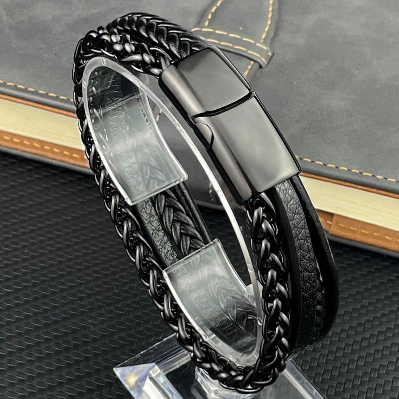 High Quality Stainless Steel Leather Bracelets For Men Six Color Punk Curb Cuban Link Chain Bracelets On the Hand Jewelry Gifts