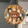 2D Flat Wooden Cute Cat Welcome Decorative Sign, Elegant Cats& Wreath Design Wall Art, 11.81inches Round Wooden Hanging Sign, Home Porch Cafe Wall