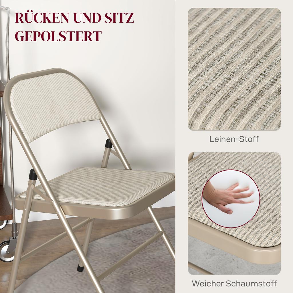 Set of 6 Folding Chairs, Portable Office Chairs, Steel Legs, Folding Chair for Office, Reception, Waiting Room, Linen Look Beige