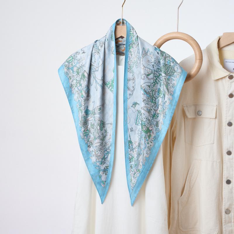 Women Double Side Different Color Printed Imitated Silk Triangle Neck Scarf