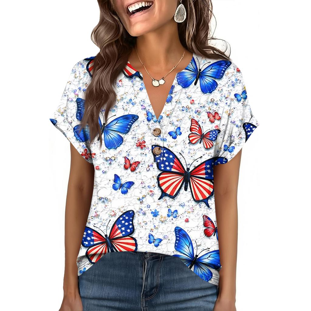 Women's Fashionable Casual Loose-Fit Short-Sleeved Button-Up V-Neck Printed T-Shirt Top