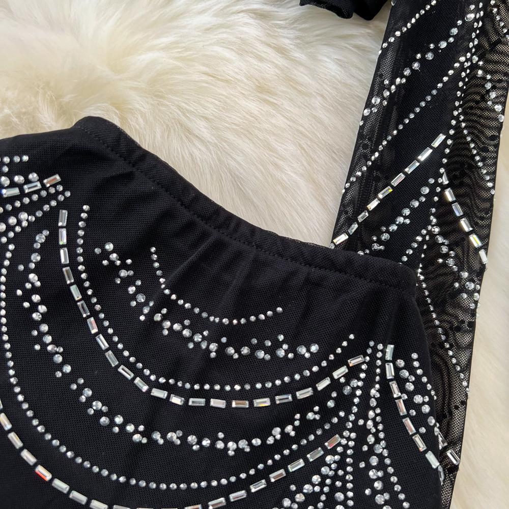 Fashion Suit, Fashion Long-sleeved Stand-up Collar, Slim-fitting Diamond-encrusted Short Top, Two-piece Set, High-waisted Fishtail Skirt.
