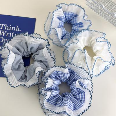 Blue Lattice Ruffles Hair Scrunchies Double Lace Headbands Womens Girls Sweet Romance Hair Rope Female Tie Rubber Band Headdress