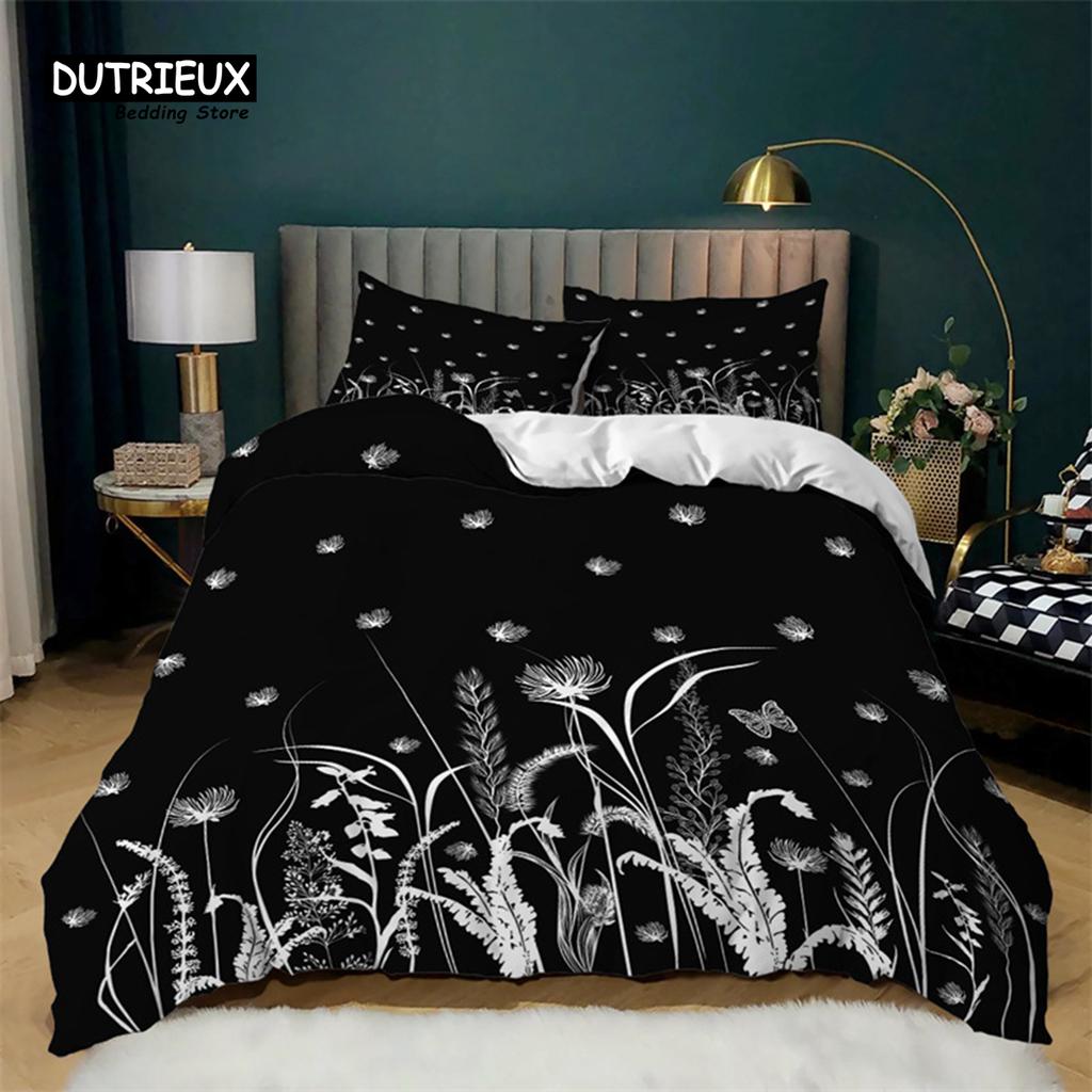 Einfacher Schmetterling Schwarz Bettbezug Löwenzahn Druck Bettwäsche Set Queen Größe Für Erwachsene Mädchen Teenager Zimmerdeko Polyester Steppdeckenbezug