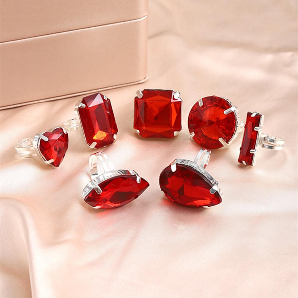 Water Diamond Ring Set With Geometric Design For Women Fashion Accessory Pack Red Silver Set