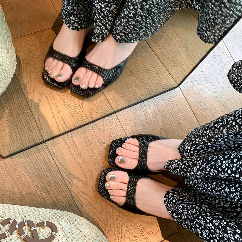 French retro evening wind fish mouth cool slippers wear mid-heel half drag summer cat heel sandals