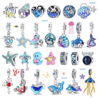 Ocean Series 925 Silver Jewelry Whale Turtle Fish Jellyfish Dolphin Blue Charm DIY Bracelet Necklace Party
