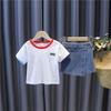 Girls Spring Summer Fashion Denim Skort Set Short Sleeve Top Kids Chic Casual Two Piece Outfit For Baby Toddler