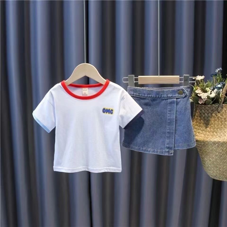 Girls Spring Summer Fashion Denim Skort Set Short Sleeve Top Kids Chic Casual Two Piece Outfit For Baby Toddler