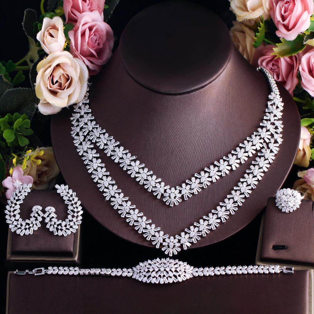 Jewelry Luxury Noble Full Diamond Necklace Earrings Bracelet Ring Four Piece Chain Bridal Wedding Dress Jewelry