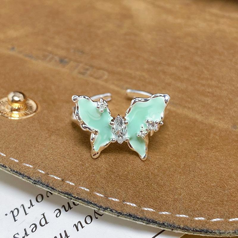Enamel Mambo Mint Green Drop Glaze Butterfly Opening Ring Female Sweet White Flower Niche Premium Ring