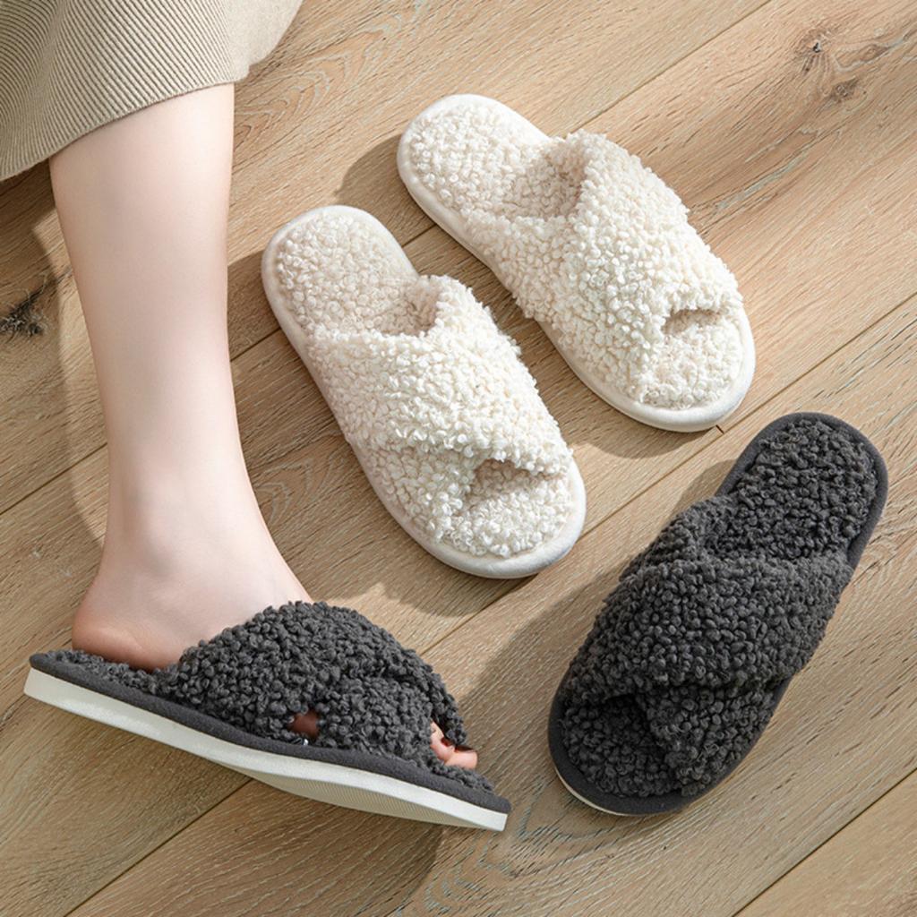 Plüschschuhe, Überkreuzriemen, Baumwollpantoffeln, Damenschuhe, Hausschuhe, Plüsch-Baumwollpantoffeln