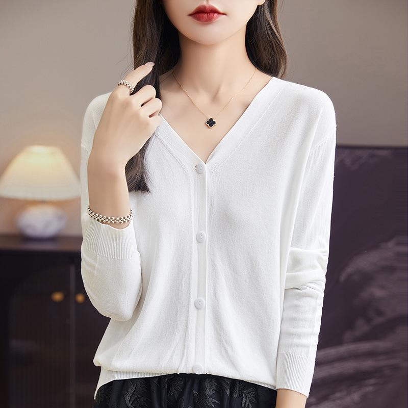 

Spring and summer new curved beads ice silk long-sleeved cardigan loose and thin air conditioner sunscreen shirt women s top versatile bottoming shirt S