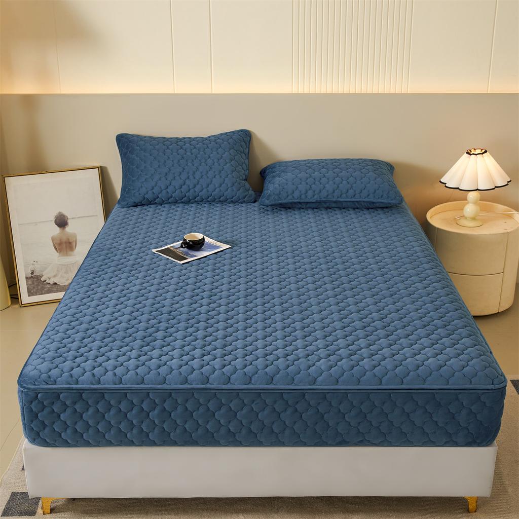Crystal velvet padded six-sided full-wrapped fitted sheet thickened zipper fitted sheet solid color, no pillowcase