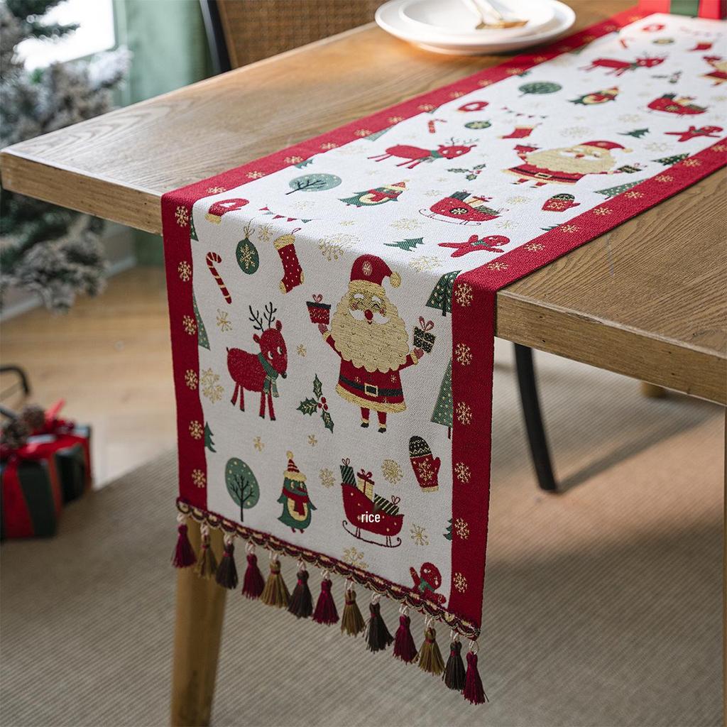 Jacquard Yarn-Dyed Christmas Snowman Reindeer Tassel Polyester Table/Bed Runner