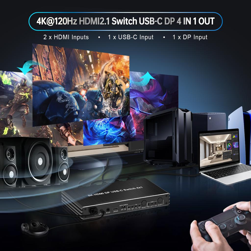 4k120Hz Hdmi2.1 Switch USB-C DP 4 in 1 OUT HDCP 2.3  4-Port HDMI Switcher with Audio Extractor Vision Remote Control