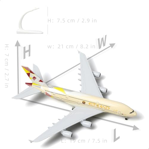 123QIYUMOKE A380 1/300 Scale Diecast Metal Airplane Model - A380 Sky Jumbo Etihad 380 Model Airplane with Stand (7.5" Long), Aviation Enthusiast Gift